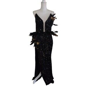Fashion Nova Feather Sequin Embellished Maxi Dress Women's Size L Slit Gatsby